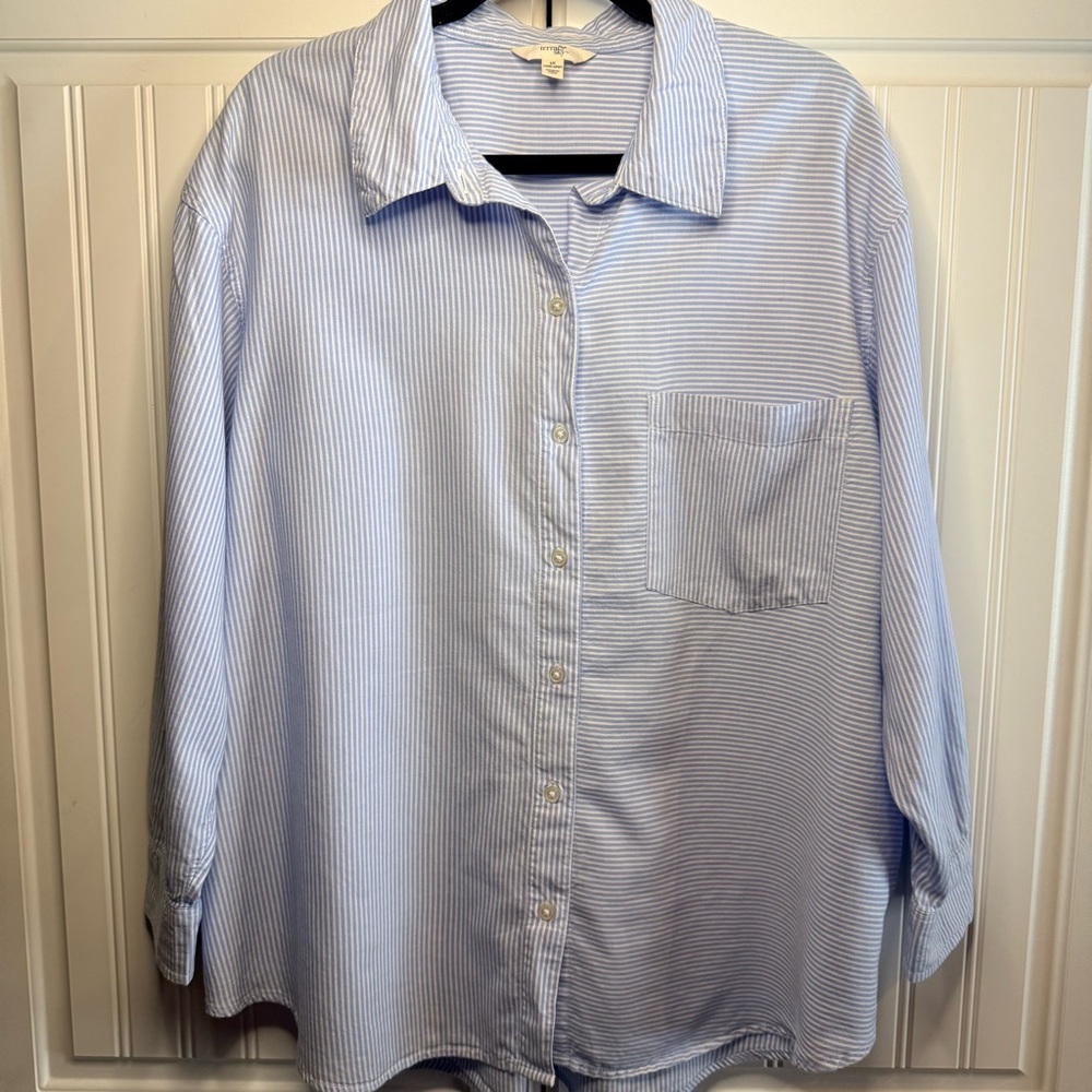 Terra & Sky Women’s Blue & White Striped Button-Down Shirt – Size 1X (16W–18W)